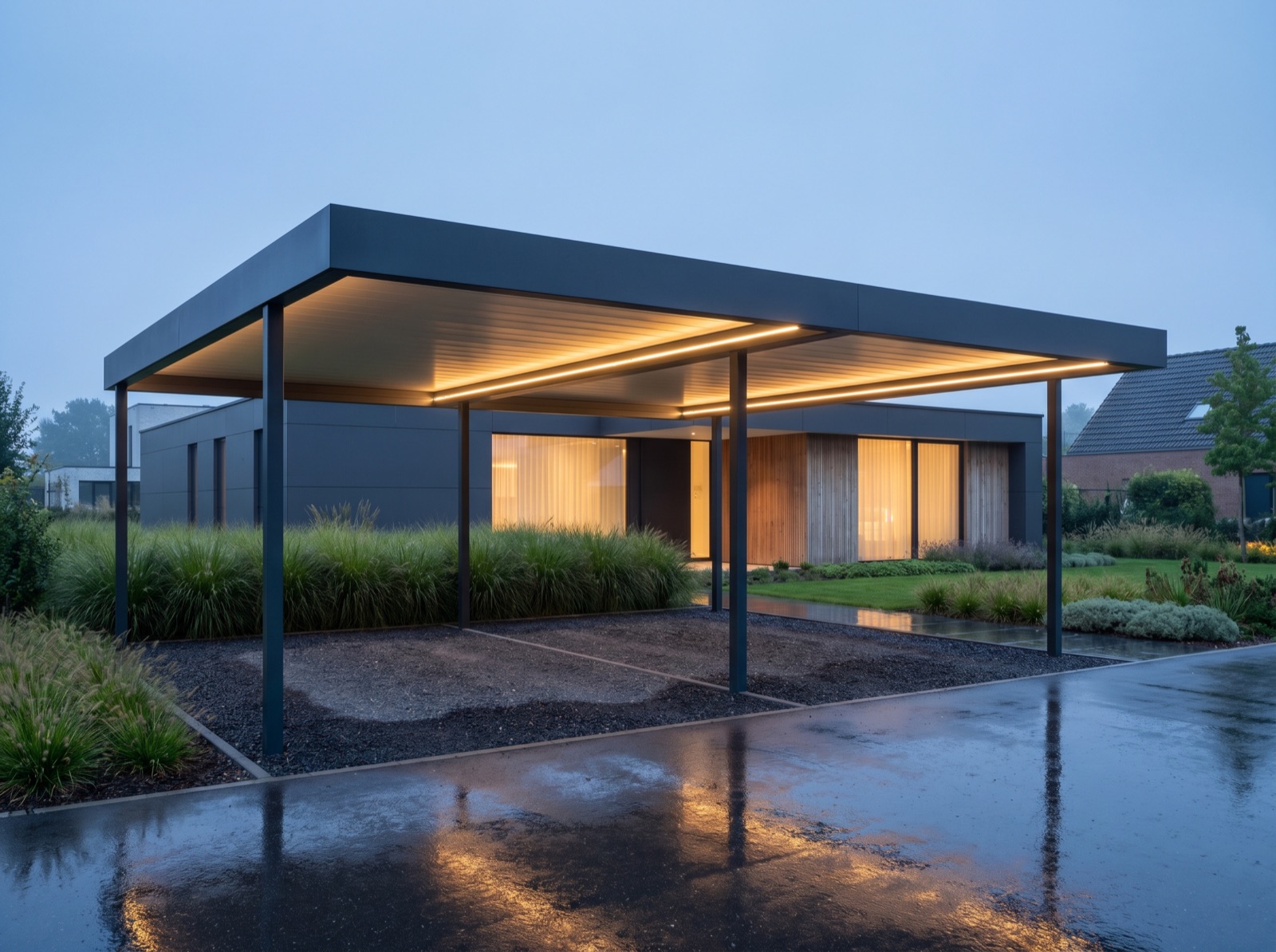 Aluminium-Carport von Rossel Alusysteme — Doppel-Carport mit LED-Linien in der Morgenstimmung