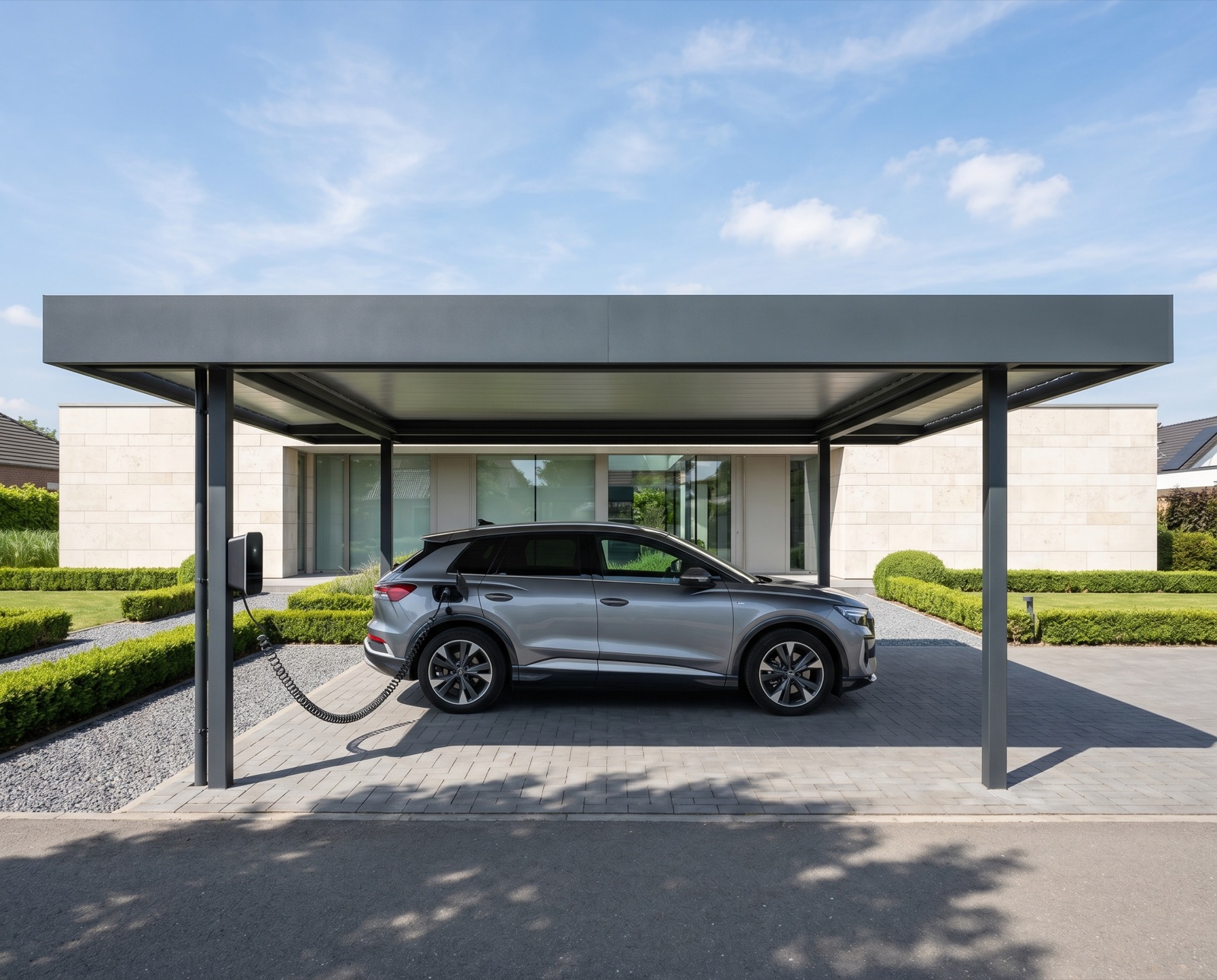 Aluminium-Carport von Rossel Alusysteme — anthrazit pulverbeschichtet