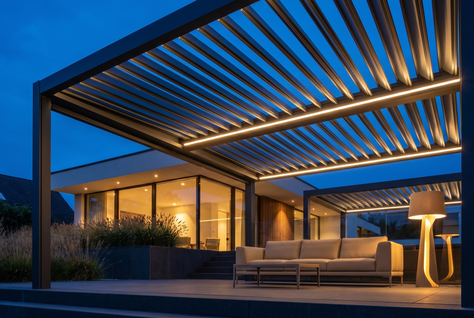 Lamellendach von Rossel Alusysteme — drehbare Aluminium-Lamellen mit integrierter LED-Beleuchtung